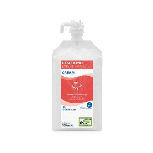 Ein 700 ml Nachfüllbeutel der Dr. Schumacher DESCOLIND EXPERT PROTECT CREAM mit weißer Tülle und rot-weißem Etikett mit Produktangaben und blauem Dr. Schumacher GmbH Branding für professionellen Hautschutz.