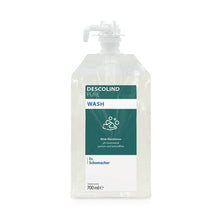 A 700 ml pouch of Dr. Schumacher DESCOLIND PURE WASH by Dr. Schumacher GmbH with a white pump and teal-colored label, fragrance-free cleansing lotion for sensitive skin, shows hands under water - ideal for daily body care.
