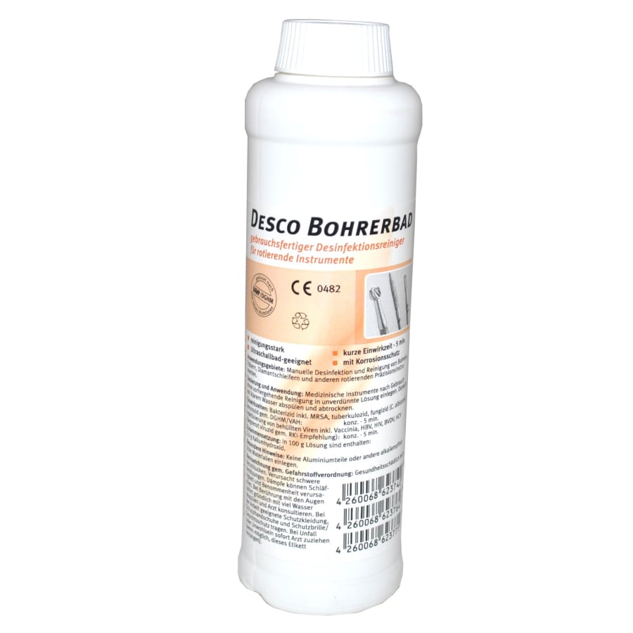 Weiße Kunststoffflasche mit der Aufschrift "Dr. Schumacher DESCO BOHRERBAD" (250 ml), ein Desinfektionsreiniger der Dr. Schumacher GmbH für zahnärztliche Instrumente, ideal für die Reinigung und Desinfektion in Zahnarztpraxen; Etikett mit Text, Symbolen, Barcode und zahnärztlichen Werkzeugen.