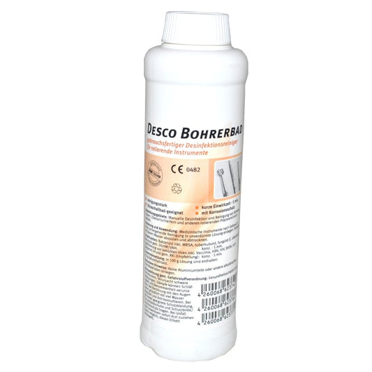 Weiße Kunststoffflasche mit der Aufschrift "Dr. Schumacher DESCO BOHRERBAD" (250 ml), ein Desinfektionsreiniger der Dr. Schumacher GmbH für zahnärztliche Instrumente, ideal für die Reinigung und Desinfektion in Zahnarztpraxen; Etikett mit Text, Symbolen, Barcode und zahnärztlichen Werkzeugen.