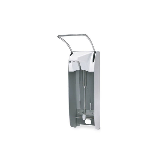 Der Dr. Schumacher Wandspender AK 1000 Plus kurz der Dr. Schumacher GmbH ist ein wandmontierter Handspender mit grauem Korpus, weißem Oberteil, Metallhebel für den Ellenbogeneinsatz und einer offenen Front, die die innenliegende Pumpe zeigt. Wird in einer Packung (Karton) geliefert.