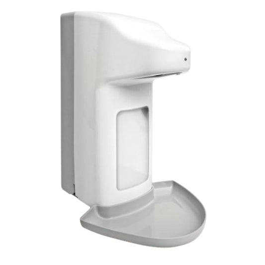 Der Dr. Schumacher touchless Kunststoffspender 500ml der Dr. Schumacher GmbH ist ein weißer, sensorgesteuerter Spender mit vertikalem Design und unterer Schale zum Auffangen des Wassers, abgebildet auf einem schlichten weißen Hintergrund.