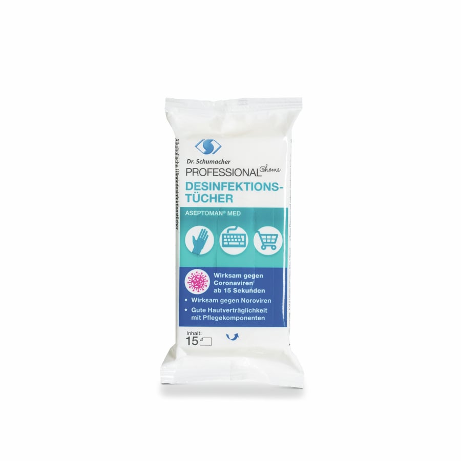 Eine versiegelte weiße Packung Dr. Schumacher PROFESSIONAL@HOME Aseptoman med wipes (15 Stück) der Dr. Schumacher GmbH, beschriftet mit Piktogrammen für Händedesinfektion, Einkaufswagen und Arztkreuz; wirksam gegen Viren.