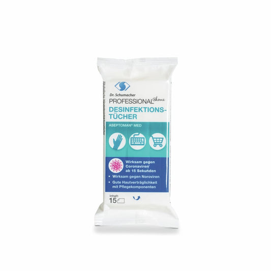 Eine versiegelte weiße Packung Dr. Schumacher PROFESSIONAL@HOME Aseptoman med wipes (15 Stück) der Dr. Schumacher GmbH, beschriftet mit Piktogrammen für Händedesinfektion, Einkaufswagen und Arztkreuz; wirksam gegen Viren.