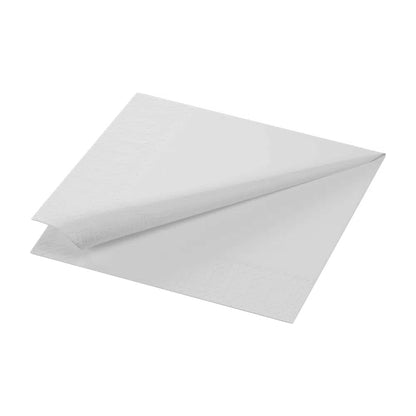 A tissue napkin from Duni GmbH measuring 33 x 33 cm in white with 1/4 fold lies flat with a raised corner. Its smooth texture reveals its 2-ply strength.