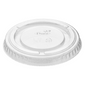 A clear, transparent lid from Duni GmbH features ribbed edges and embossed symbols for recycling and disposal on its surface. It is specifically designed for a 60 ml container, which is often used in the catering industry for storing or taking away food.