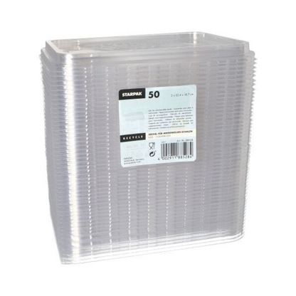 The image shows a stack of clear plastic lids with the inscription "Starpak lid for microwave dishes." The label on the front shows product details, including a recycling symbol and a barcode at the bottom.