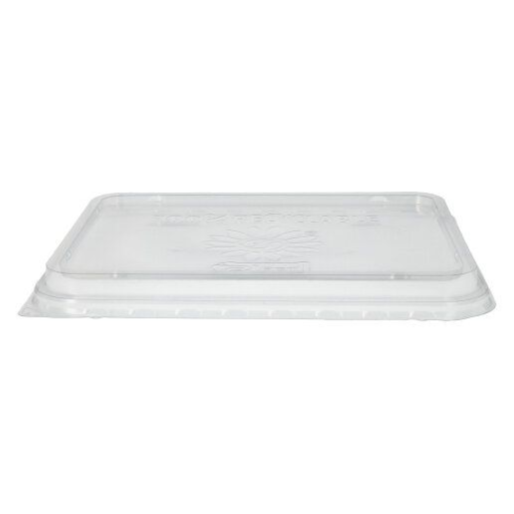 The image shows the lid of a transparent Starpak food container made of plastic against a white background. It is rectangular with raised edges and surface markings.