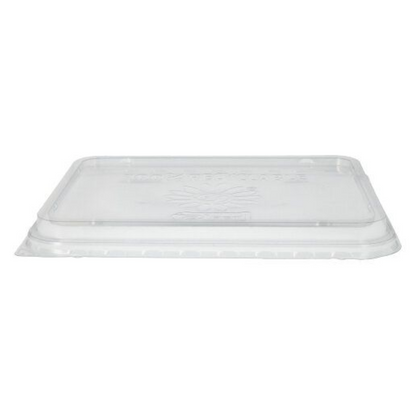 The image shows the lid of a transparent Starpak food container made of plastic against a white background. It is rectangular with raised edges and surface markings.