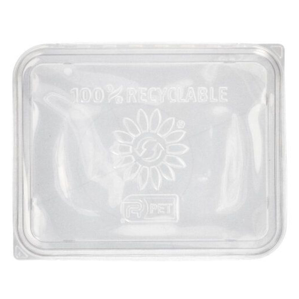 The Starpak lid for microwave dishes, a transparent plastic lid measuring 23.4 x 18.7 cm, features a sun-like design and a PET recycling symbol in the center with the inscription "100% recyclable." Delivered in a pack of 50 pieces.
