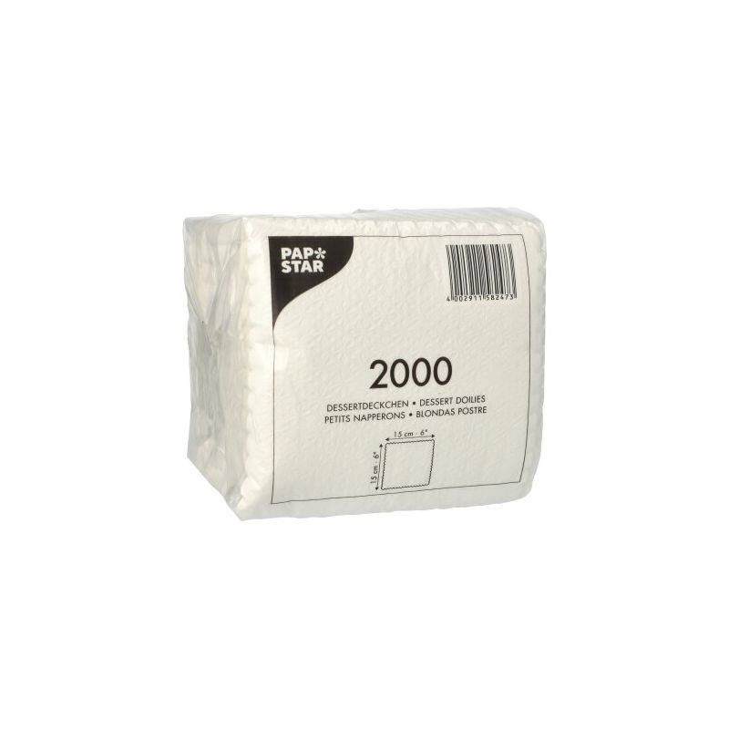 A sealed pack of PAPSTAR dessert doilies 15x15 cm, white (2000 pieces) from PAPSTAR GmbH, ideal as a white dessert base in gastronomy; rectangular napkins stacked in clear plastic with multilingual text and a barcode.