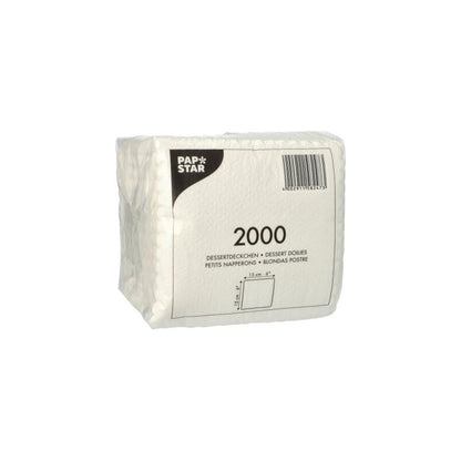 A sealed pack of PAPSTAR dessert doilies 15x15 cm, white (2000 pieces) from PAPSTAR GmbH, ideal as a white dessert base in gastronomy; rectangular napkins stacked in clear plastic with multilingual text and a barcode.