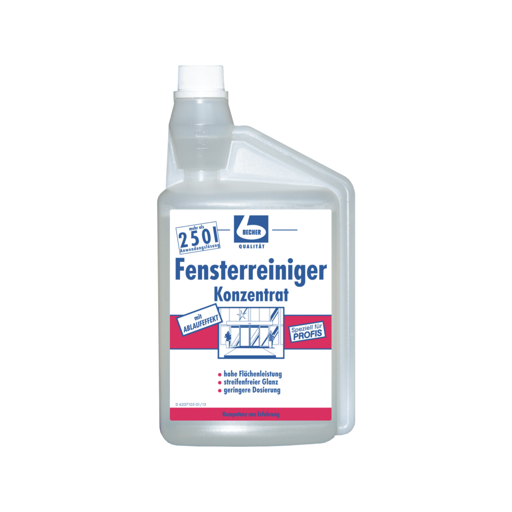 Eine Flasche Dr. Becher Fensterreiniger Konzentrat - 1 Liter von Dr. Becher GmbH. Die durchsichtige Flasche mit weißem Etikett zeigt deutschen Text und ein Diagramm eines Fensters, das gereinigt wird – perfekt für streifenfreie Fenster. Die weiße Kappe hat eine spitze Spitze für einfaches Auftragen.
