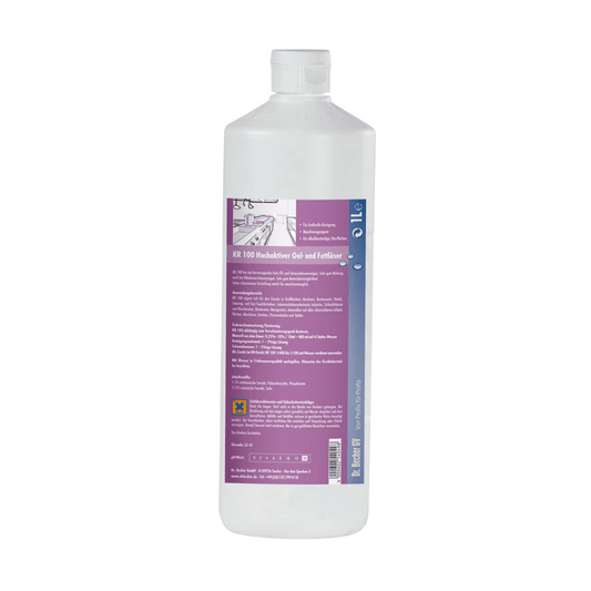 Eine weiße Plastikflasche mit violettem Etikett, auf dem Text und Diagramme zu den Gebrauchs- und Sicherheitsinformationen von Dr. Becher KR 100 Hochaktiver Öl- und Fettlöser zu sehen sind. Der Text auf dem Etikett ist in deutscher Sprache und enthält Gefahrensymbole. Dieses hochaktive Öl wird von Dr. Becher GmbH hergestellt.