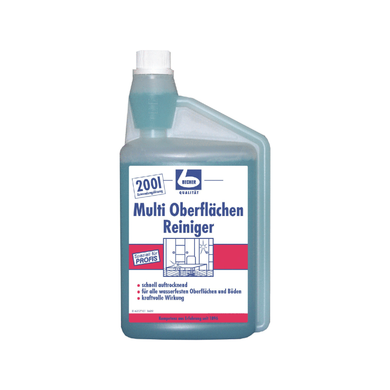 A plastic bottle with Dr. Becher Multi Surface Cleaner - 1 liter, a multi-surface cleaner. The label is blue and white and shows the product name, application diagrams, and text in German.