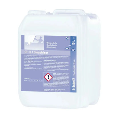 A large white plastic container with a blue label featuring German text, safety instructions, and a red hazard symbol. The container is equipped with a carrying handle and a screw cap for Dr. Becher OF 111 glass cleaner from Dr. Becher GmbH.