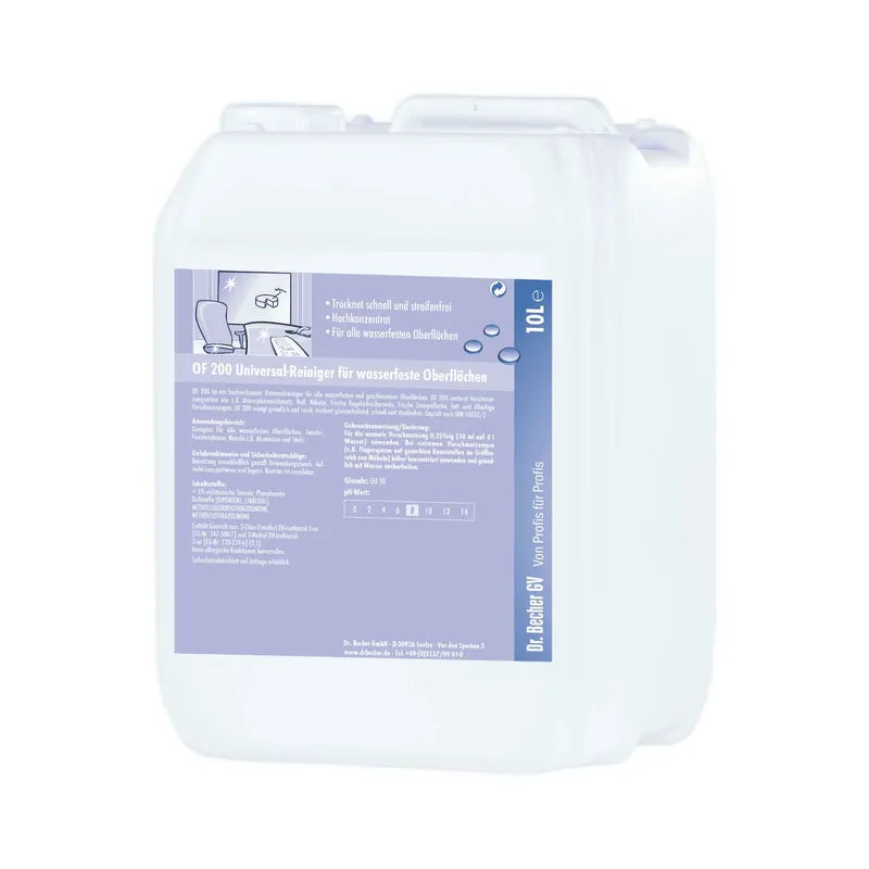 A white plastic container for Dr. Becher OF 200 universal cleaner for waterproof surfaces with a label containing instructions for use and safety information in German. The container has a handle for easy carrying.