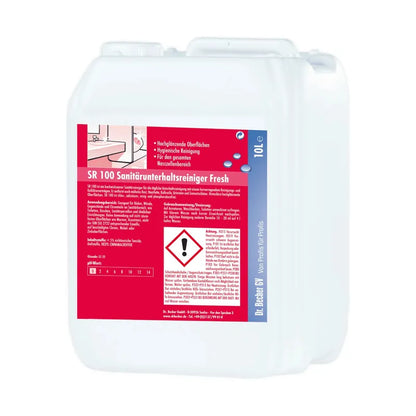 A white plastic canister with the German inscription "Dr. Becher SR 100 sanitary maintenance cleaner Fresh" in red and blue. It contains warning symbols and a barcode.