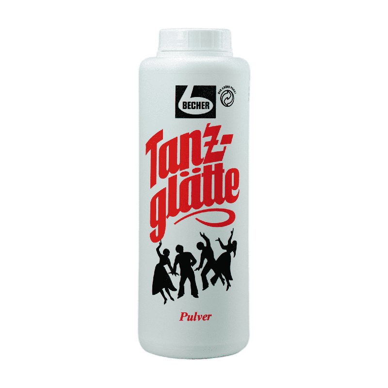 A white bottle Dr. Becher dance glide powder (750g) by Dr. Becher GmbH, with red and black lettering featuring dancing silhouettes. Ideal for treating dance floors or parquet floors; with a white cap and certification logos at the top.