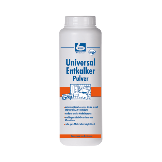 Eine weiße Flasche mit der Aufschrift „Universal Entkalker Pulver“ in blau-orangefarbenem Design. Die Flasche enthält Entkalkerpulver und hat einen Text in deutscher Sprache, der dessen Wirksamkeit und Kompatibilität mit Geräten hervorhebt. Der Verschluss ist weiß und das Produkt ist mit „Becker Qualität“ gekennzeichnet.