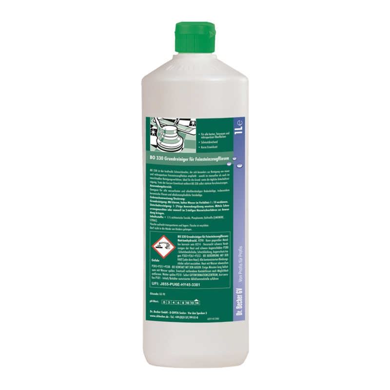 A white plastic bottle with a green cap. The label features green and white text with safety and product information, a green car illustration, and various hazard symbols. Ideal for cleaning is Dr. Becher BO 330 basic cleaner for porcelain stoneware tiles from Dr. Becher GmbH.