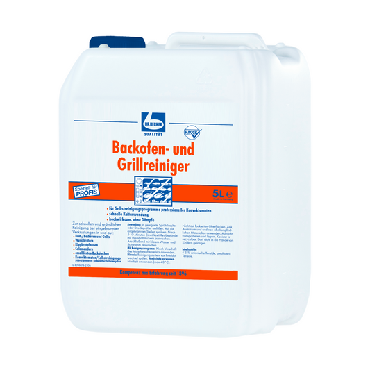 Ein weißer 5-Liter-Plastikkrug mit „Dr. Becher Backofen- & Grillreiniger“ und blauem Deckel. Das Etikett ist in deutscher Sprache, blau und mit dem Markennamen „Dr. Becher GmbH“ versehen.