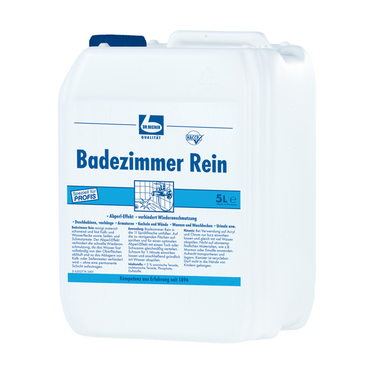 Ein 5-Liter-Kanister aus weißem Kunststoff mit der blauen Aufschrift „Dr. Becher Badezimmer Rein“, was auf einen Badezimmerreiniger hinweist. Auf der Vorderseite sind verschiedene Symbole und Produktinformationen zu sehen.