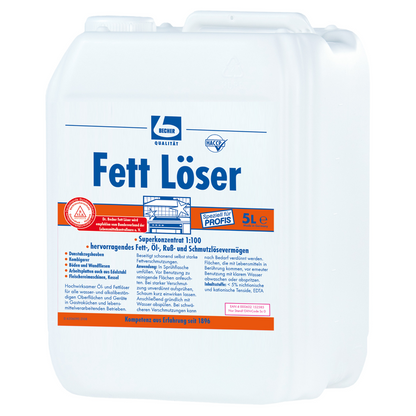 A white 5-liter plastic jug with the inscription "Dr. Becher Grease Remover" in blue and red. The label provides information about the use of the grease remover for professionals in the kitchen area,