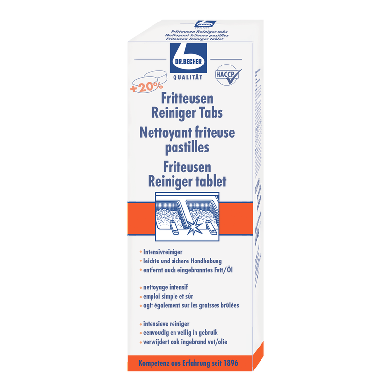 A box of Dr. Becher fryer cleaning tablets for cleaning fryers, with information in German showing a 20% higher quantity. The packaging is white and blue and bears a text from Dr. Becher GmbH.