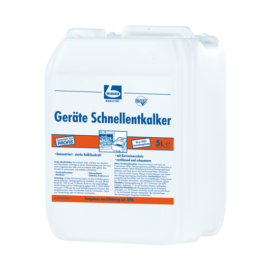 Ein 5-Liter-Behälter aus weißem Kunststoff mit „Dr. Becher Geräte Schnellentkalker“, einem deutschen Geräteentkalker der Dr. Becher GmbH, mit blauem und orangefarbenem Markenaufdruck sowie Text mit detaillierten Angaben zur Produktverwendung.