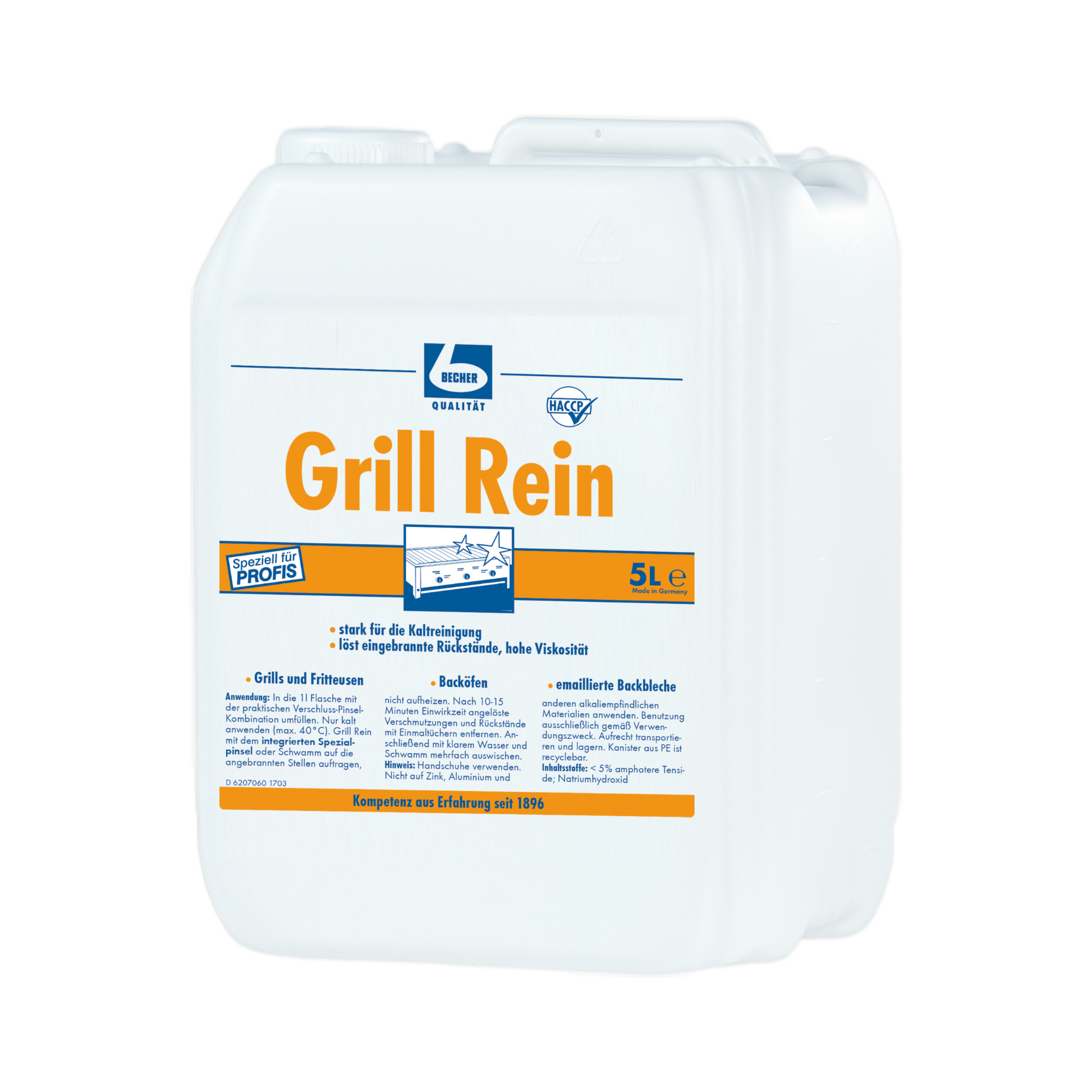 Ein weißer 5-Liter-Kunststoffkanister mit dem Reiniger „Dr. Becher Grill Rein“ der Dr. Becher GmbH, der zum Reinigen von Grills, Fritteusen und Backöfen bestimmt ist. Auf dem Etikett sind Produktinformationen zu finden