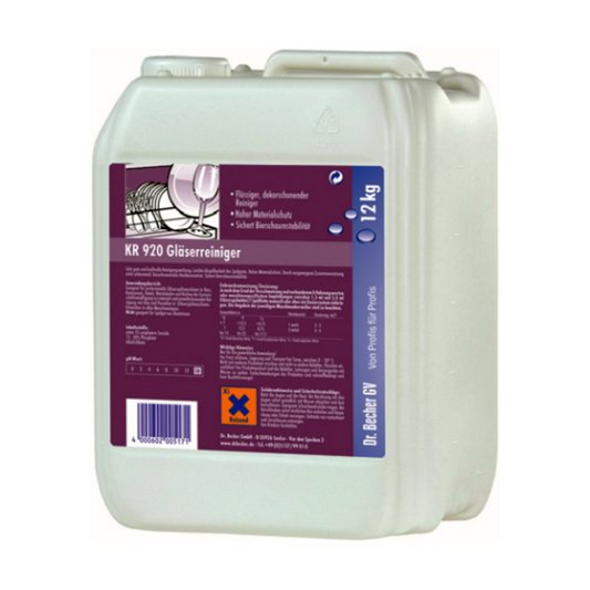 Ein großer weißer Plastikbehälter mit der Aufschrift „Dr. Becher GmbH, Dr. Becher KR920 Gläserreiniger – 12kg | Kanister (12 kg)“ und violettem Etikett. Der für professionelle Gläserspülmaschinen konzipierte Behälter hat einen Tragegriff und fasst 12 kg Flüssigkeit. Das Etikett enthält Gebrauchsanweisungen, Sicherheitsinformationen und Gefahrensymbole, um die Bierschaumstabilität zu gewährleisten.