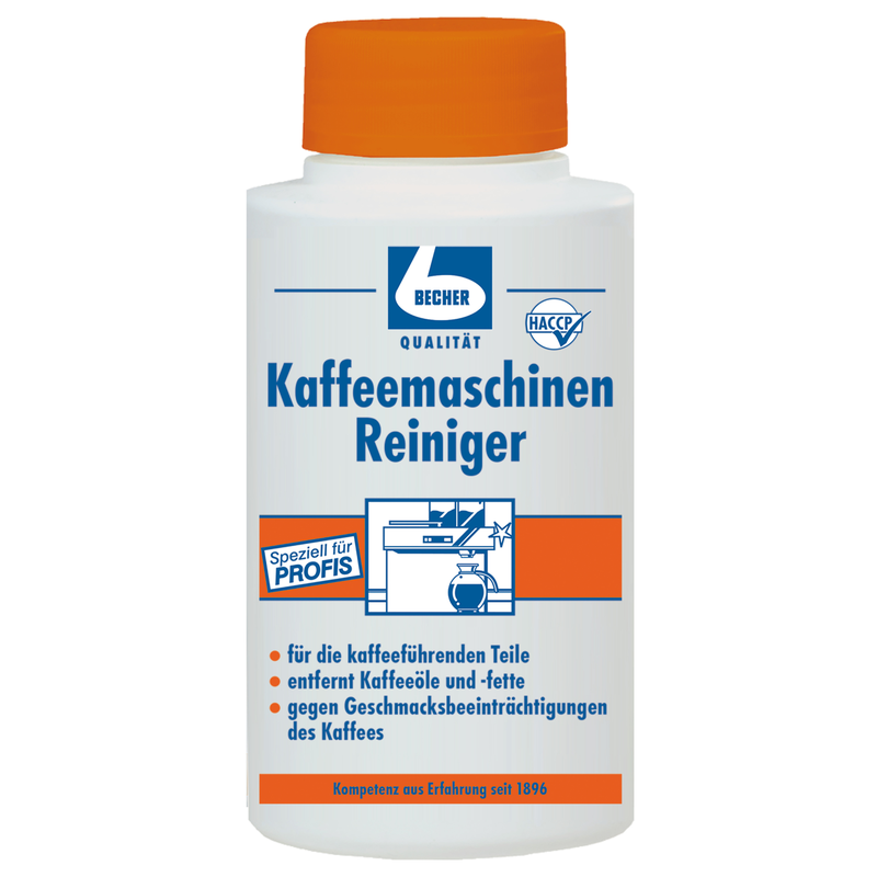 The Dr. Becher coffee machine cleaner, 1000g bottle from Dr. Becher GmbH is a white plastic bottle with blue and orange lettering, German instructions, and quality/HACCP logos - perfect for cleaning and maintaining coffee machines.