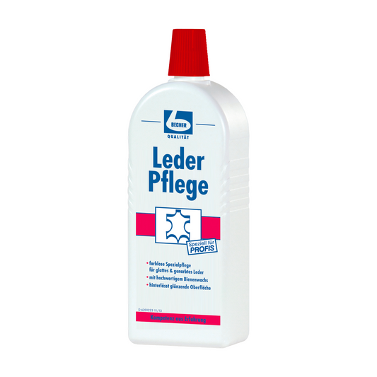 Eine Flasche des Lederpflegeprodukts Dr. Becher Leder Pflege in weißem Design mit rotem Deckel und überwiegend deutschem Text, einschließlich Gebrauchsanweisungen und aufgeführten Vorteilen.