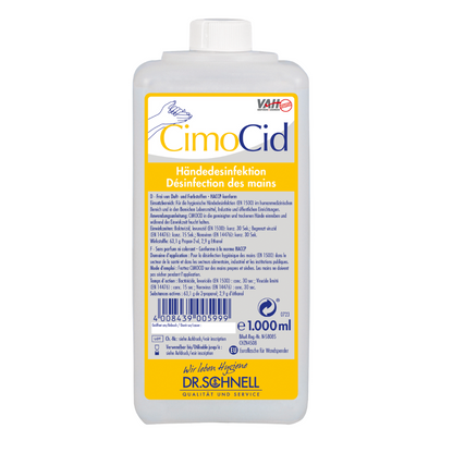 The Dr. Schnell CIMOCID Alcoholic Hand Disinfection by DR.SCHNELL GmbH & Co. KGaA is available in a 1000 ml bottle with a yellow label featuring the brand name and a hand symbol. It contains clear instructions in German and French for effective hand hygiene.