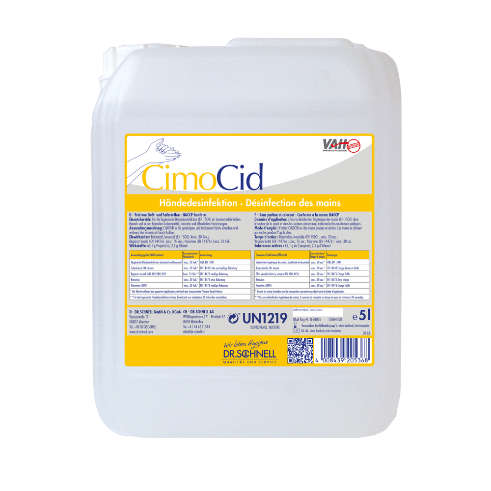A 5-liter container of Dr. Schnell CIMOCID Alcoholic Hand Disinfection from DR.SCHNELL GmbH & Co. KGaA is delivered in a white container with a yellow label containing product details, hygiene disinfection instructions, and safety guidelines in multiple languages.