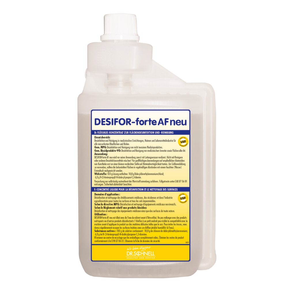 The image shows a bottle of Dr. Schnell Desifor-forte AF new surface disinfectant, an effective disinfectant that is perfect for surface disinfection. The white bottle is labeled with a yellow label containing multilingual text with instructions for use and product details, manufactured by DR.SCHNELL GmbH & Co. KGaA.