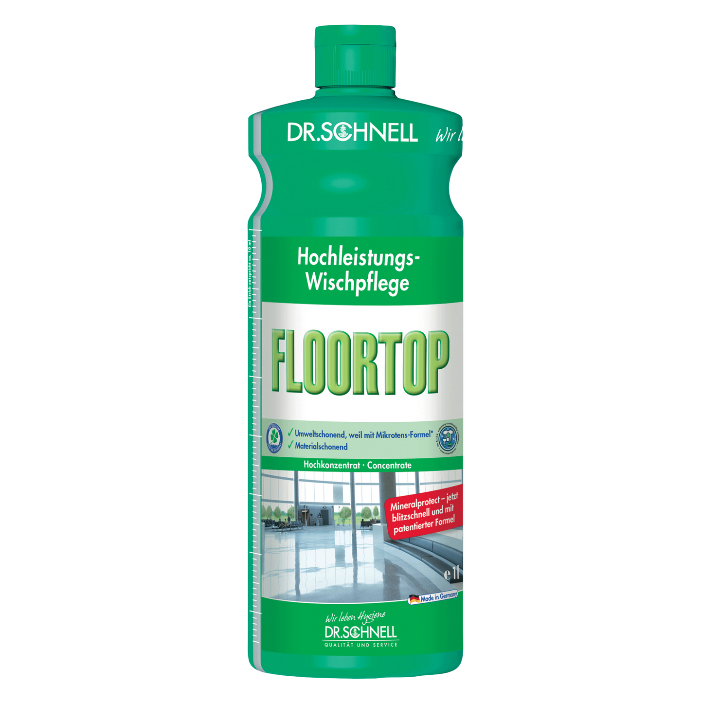 Vor einem weißen Hintergrund steht eine grüne Flasche Dr. Schnell's Floortop, Bodenreiniger Konzentrat, hergestellt von DR.SCHNELL GmbH & Co. KGaA. Das Etikett betont seine hohe Leistungsfähigkeit als umweltfreundlicher Bodenreiniger mit Minzduft, ideal für wasserbeständige Bodenbeläge.