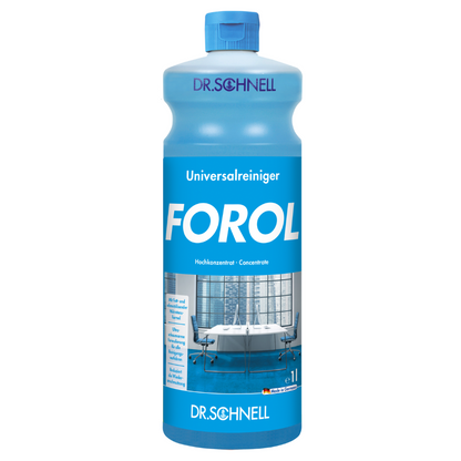 A bottle of Dr. Schnell Forol Universal Cleaner Surface Concentrate from DR.SCHNELL GmbH & Co. KGaA features a blue label with white text and shows the image of a clean, modern room with blue flooring, highlighting the product's exceptional dirt removal performance. The bottle is sealed with a blue cap.