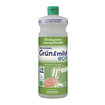 Dr. Schnell GRÜN & MILD ECO economical ecological hand dishwashing detergent is available in a white-green plastic bottle. The label shows a hand washing a wine glass and German text highlighting the ecological benefits and skin-friendly properties. The bottle, manufactured by DR.SCHNELL GmbH & Co. KGaA, features a green cap with HACCP certification.