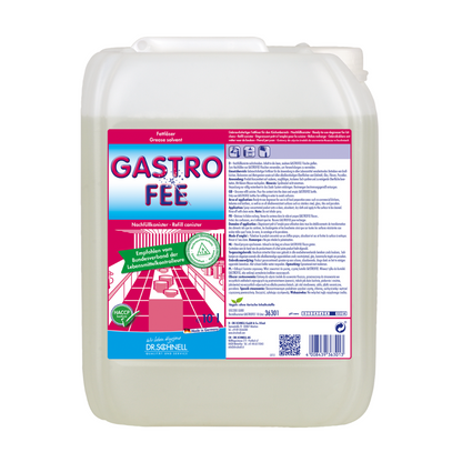 A large plastic container labeled "Dr. Schnell GastroFee oil and grease remover, ready-to-use" from DR.SCHNELL GmbH & Co. KGaA presents detailed product information and application instructions. The label emphasizes the grease removal capability with graphics of an industrial kitchen, symbols for safety, certification standards, and suitability for alkali-resistant surfaces.