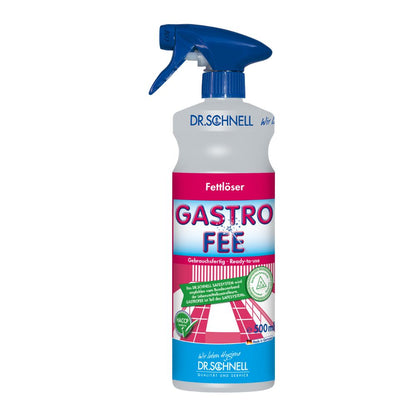 The image shows a 500 ml bottle of Dr. Schnell GastroFee oil and grease remover, ready-to-use, from DR.SCHNELL GmbH & Co. KGaA. This powerful cleaner is designed for alkali-resistant surfaces and features a blue spray nozzle as well as a striking pink label, making it ideal for ready-to-use applications in demanding environments.