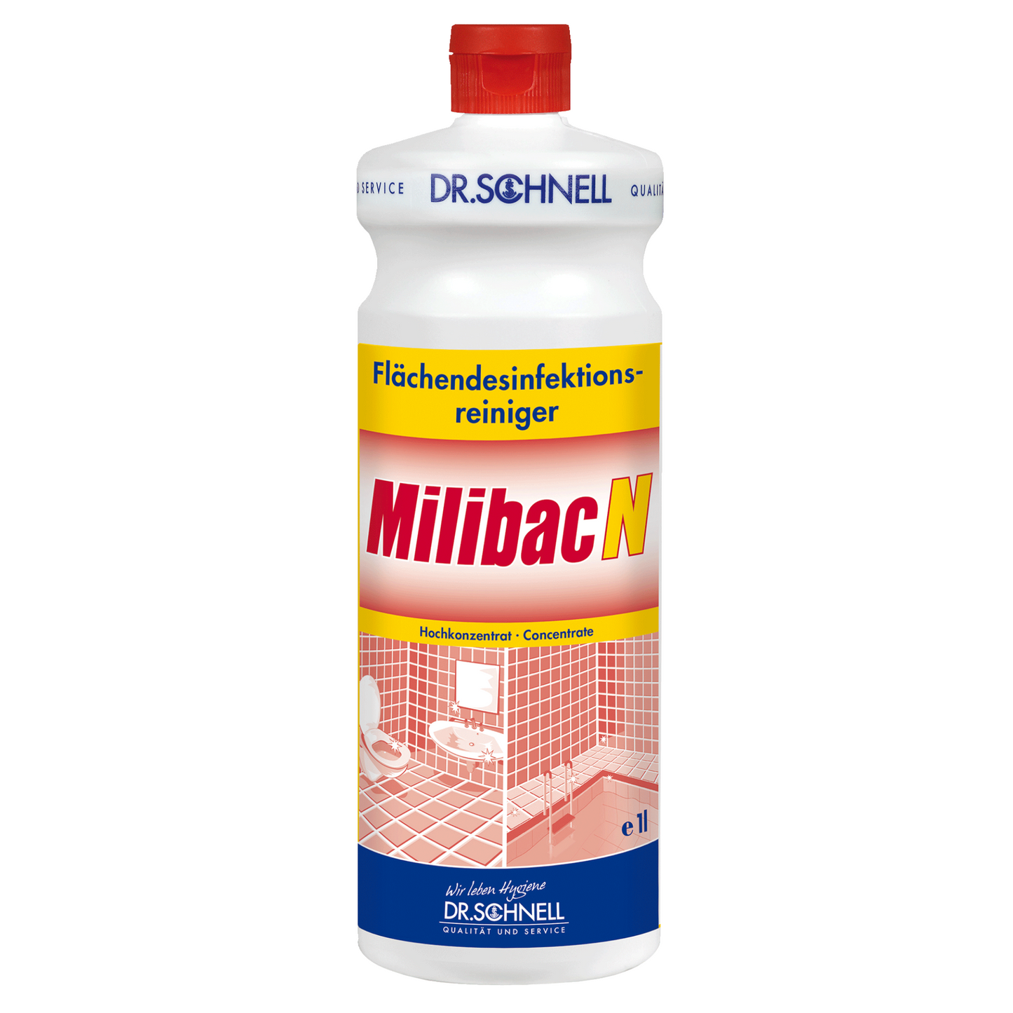 A 1-liter bottle Dr. Schnell Milibac N surface disinfectant and lime remover from DR.SCHNELL GmbH & Co. KGaA with a red and white label featuring a tiled bathroom image and a red cap offers highly concentrated cleaning power.