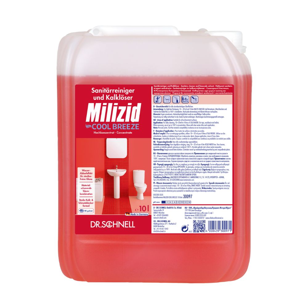 Ein roter 10-Liter-Kanister Dr. Schnell Milizid Cool Breeze Sanitärreiniger und Kalklöser, mit Sprühflasche und Reinigungsmotiven sowie ausführlichen Produktdetails und -beschreibungen in deutscher Sprache auf dem Etikett.