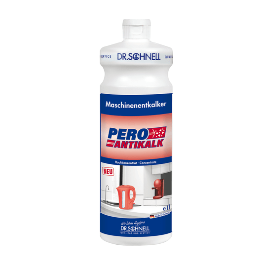 The Dr. Schnell PERO ANTIKALK Machine Descaler, a 1-liter bottle from DR.SCHNELL GmbH & Co. KGaA, features images of a red electric kettle and a kitchen sink on its label. This concentrated descaler effectively keeps your coffee makers and hot water dispensers in pristine condition.