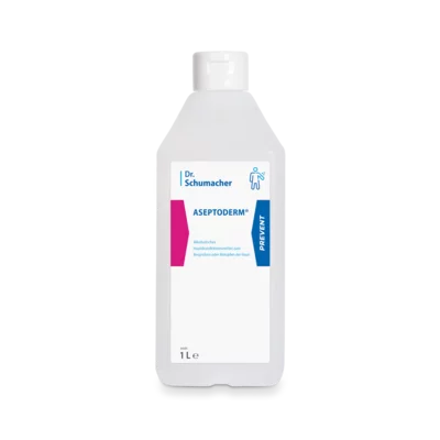 Abgebildet ist eine weiße 1-Liter-Kunststoffflasche Dr. Schumacher ASEPTODERM der Dr. Schumacher GmbH mit blauen und rosa Akzenten, geeignet für die hygienische Händedesinfektion mit einem zuverlässigen Desinfektionsmittel.