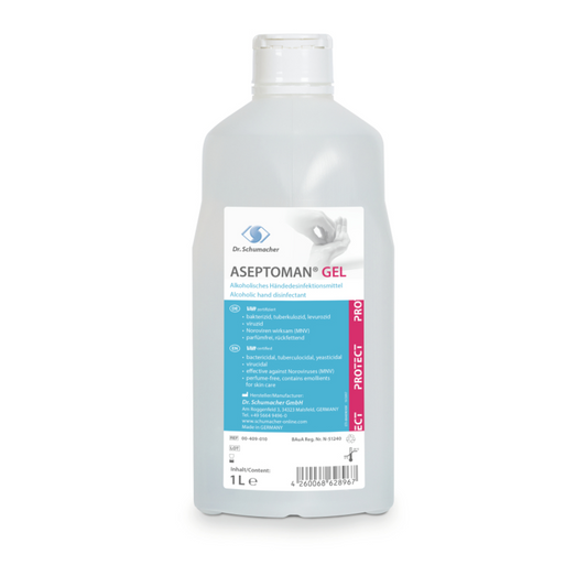 Bild einer transparenten Flasche mit der Aufschrift „Dr. Schumacher Aseptoman® Gel Händedesinfektionsgel – 1 Liter | Flasche (1000 ml)“ von Dr. Schumacher GmbH, die 1 Liter hautfreundliches alkoholisches Händedesinfektionsgel enthält. Das Etikett enthält Text in mehreren Sprachen und die Flasche weist ein blau-weißes Farbschema mit einem weißen Verschluss auf.