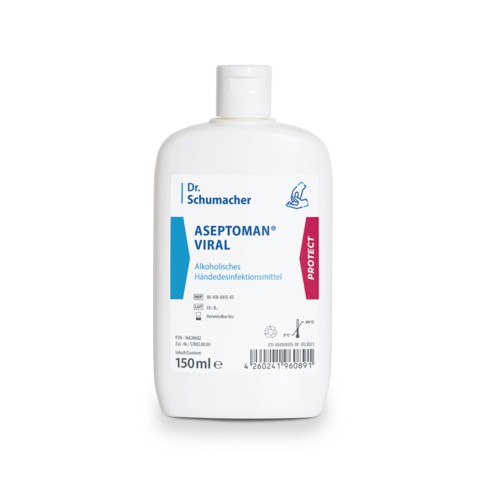 Eine 150 ml Flasche Dr. Schumacher Aseptoman® Viral Händedesinfektion, ein hautverträgliches Händedesinfektionsmittel auf Alkoholbasis. Die weiße Flasche hat ein blaues Etikett mit Produktinformationen in deutscher Sprache und einen roten Streifen an der Seite. Verschiedene Symbole am unteren Rand geben Hinweise zur Verwendung und Sicherheit.