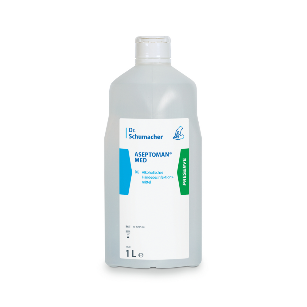 Eine 1-Liter-Flasche Dr. Schumacher Aseptoman® med Händedesinfektion von Dr. Schumacher GmbH. Die transparente Flasche, ideal für hygienische Händedesinfektion, verfügt über ein weiß-blau-grünes Etikett mit dem Text „Dr. Schumacher“, „ASEPTOMAN MED“ und „PREVENT“. Sie hat einen weißen Verschluss und eine sichtbare Chargennummer auf dem Etikett.