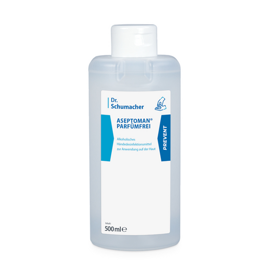 Eine 500 ml Flasche Dr. Schumacher Aseptoman® parfümfrei, Händedesinfektion von Dr. Schumacher GmbH. Die klare Flasche hat einen weißen Verschluss und ist mit dem Produktnamen „PREVENT“ sowie ausführlichen Informationen in blau-schwarzem Text beschriftet. Dieses alkoholbasierte, parfümfreie Desinfektionsmittel ist ideal für medizinische Einrichtungen.